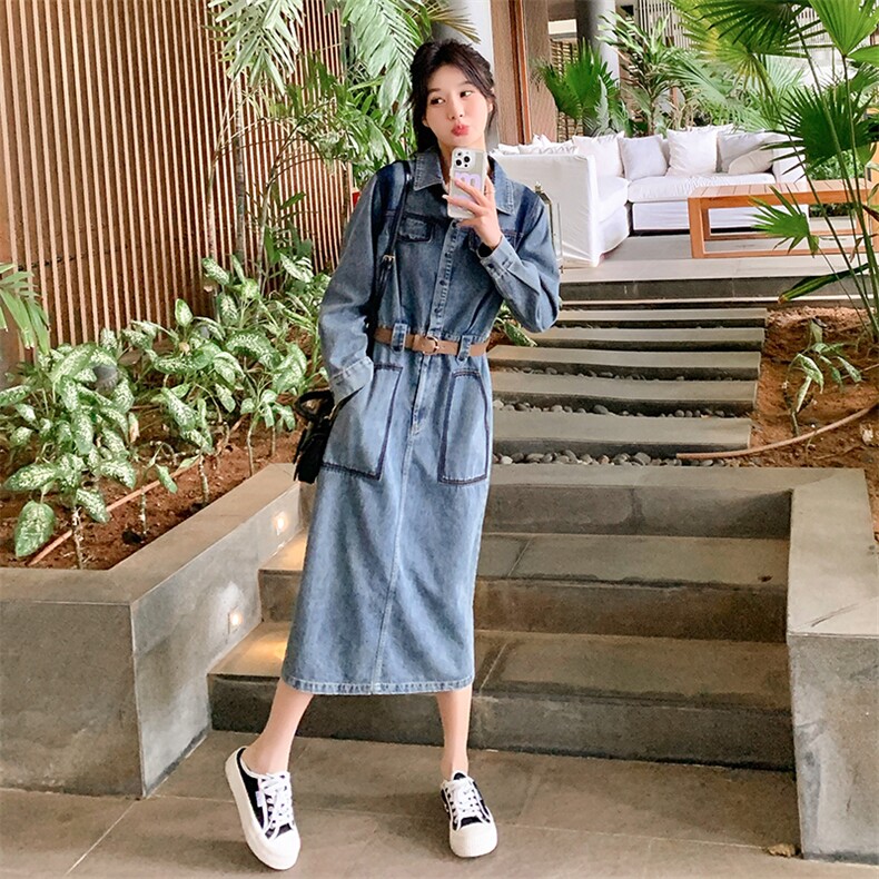 时尚复古牛仔连衣裙女2024春季新款时髦别致chic休闲风中长款裙子,女装连衣裙,点滴