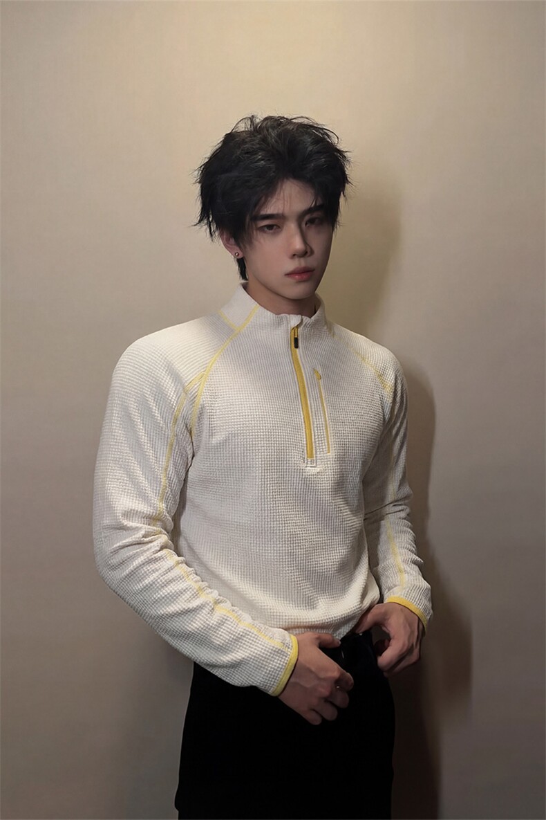 春季肌理感撞色半拉链cleanfit长袖T恤套头卫衣C64163-TP4588,男装T恤,电商A102