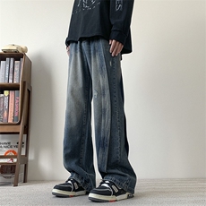 破洞2024宽松复古牛仔裤直筒裤715-6-BK818P65，男装牛仔裤，星座715-6