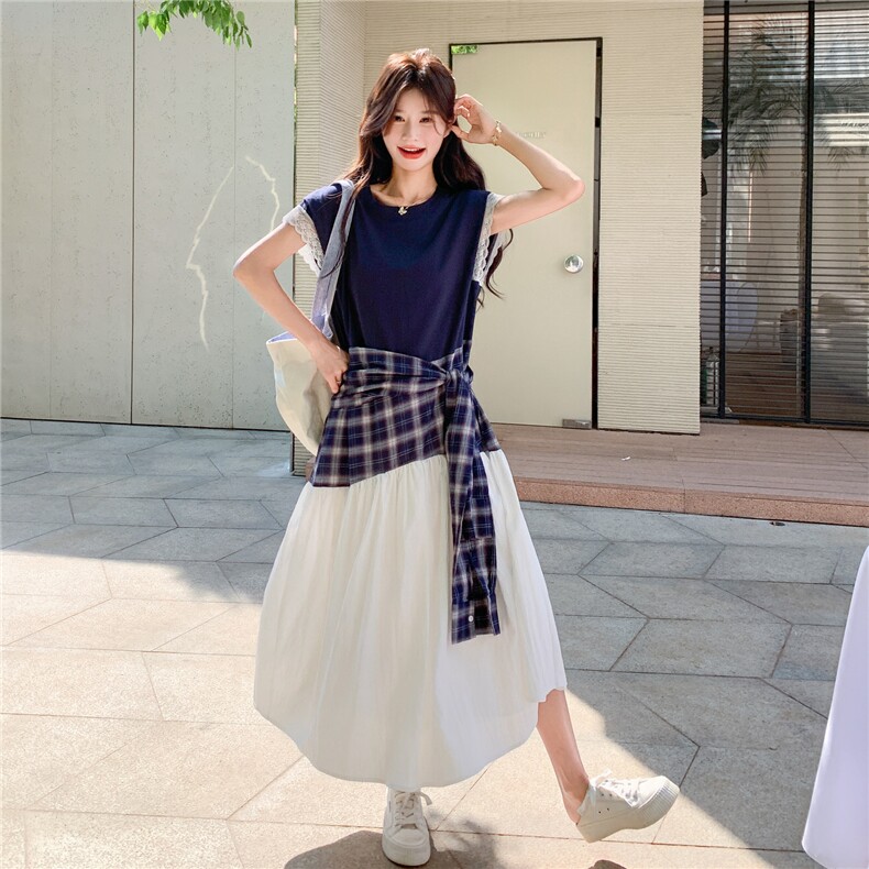 韩版学院风拼接腰封绑带连衣裙女2025夏季新款休闲减龄飞飞袖长裙,女装连衣裙,2C201