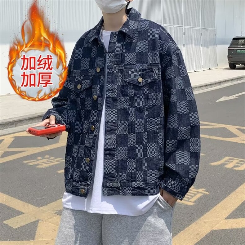加绒加厚羊羔绒美式秋季夹克新款男时尚潮牛仔格子外套RB57P70,男装夹克,星座1116-2