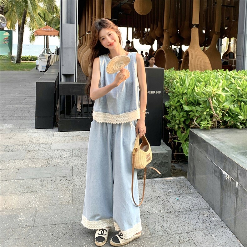 盐甜系穿搭无袖薄款牛仔上衣套装女夏新款休闲舒适阔腿长裤两件套,女装套装/套裙,2C217