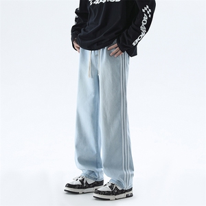 松紧腰条纹牛仔裤男春秋季美式高街hiphop裤子潮牌水洗宽松阔腿裤图片
