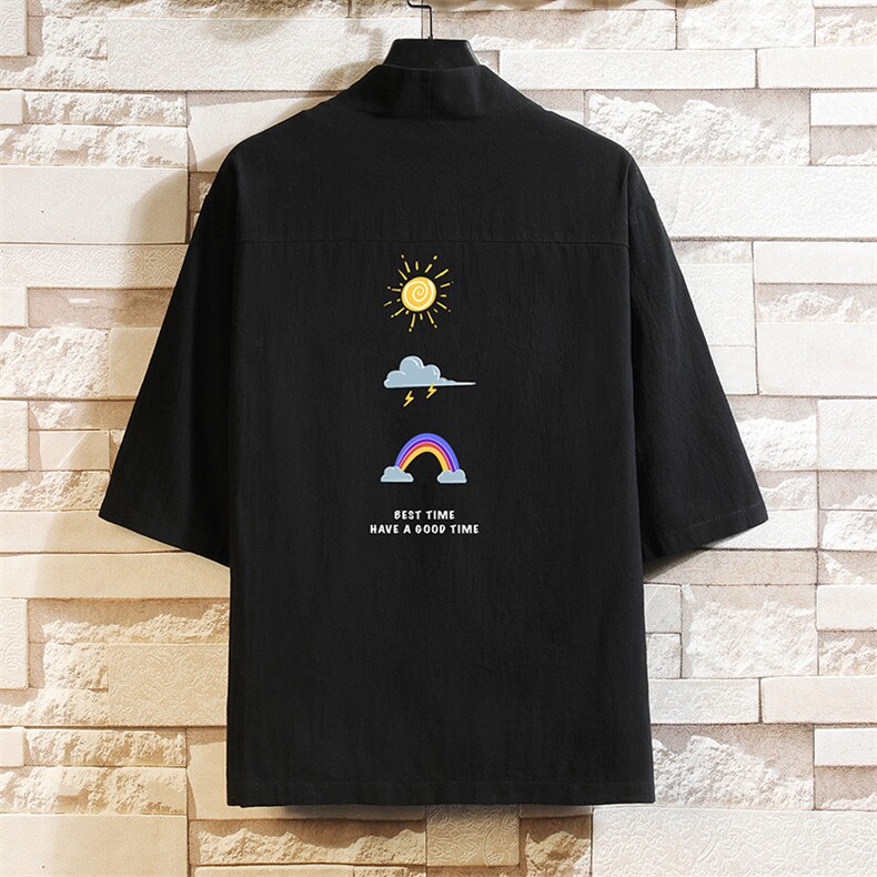 HF59141-P40风汉服男开衫外套七分袖道袍 砖墙挂拍图片