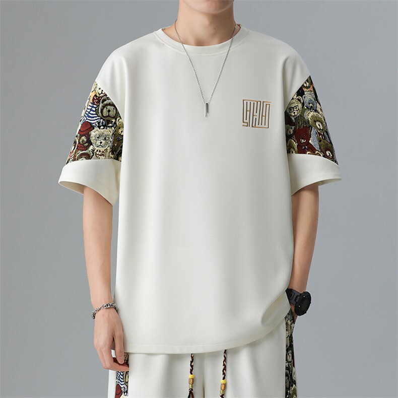 男士刺绣T恤圆领夏季宽松拼接小熊宽松大码体恤潮A266-T188-P22,男装T恤,电商A266