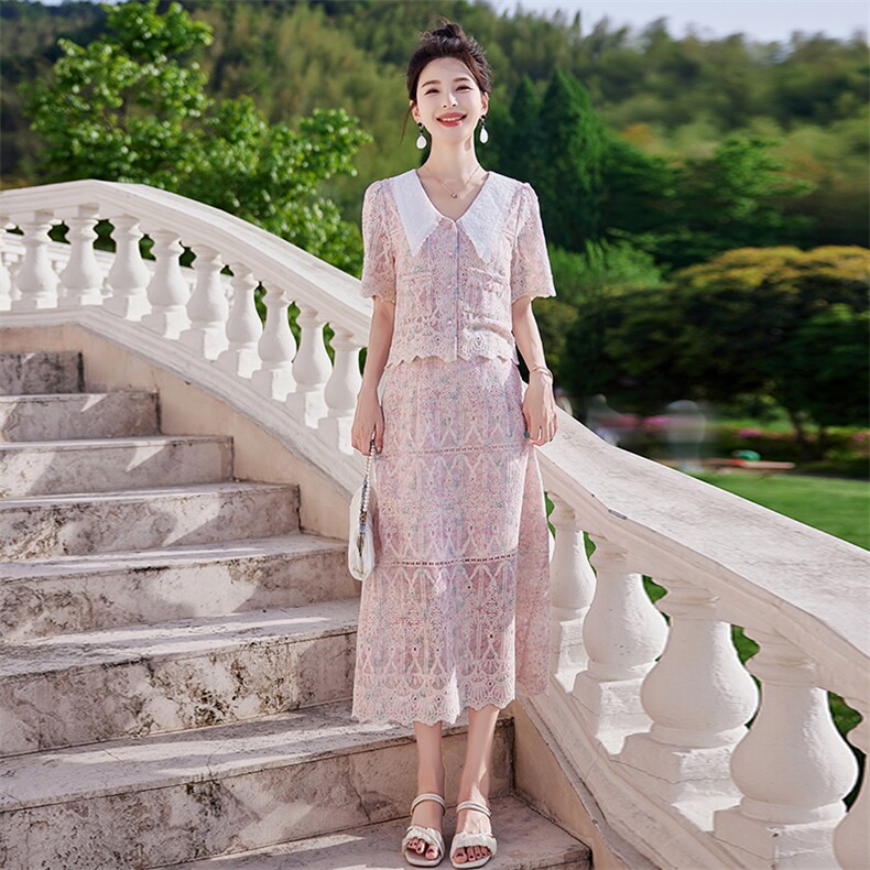 高贵小香风套装裙女2024夏新款娃娃领粉色蕾丝今年流行漂亮两件套,女装套装/套裙,依路服饰