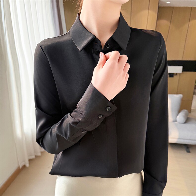 衬衫女Polo长袖春夏新款暗门襟设计感小众气质职业白衬衣,女装衬衫,恩尚羊绒