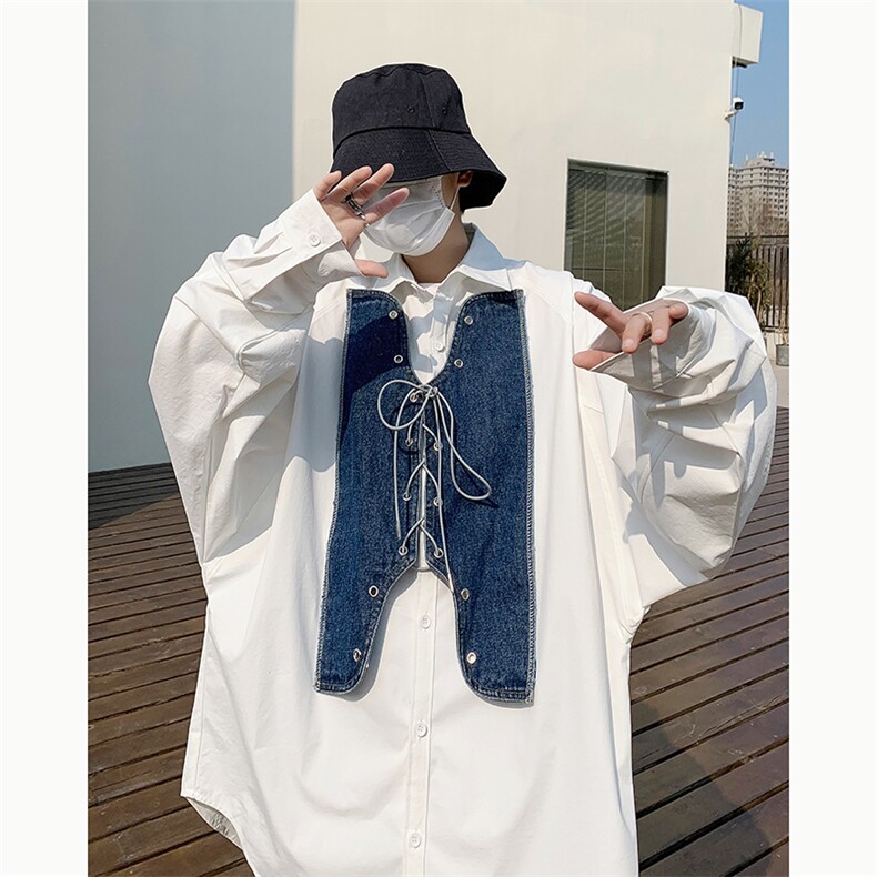 衬衫男韩版潮流拼牛仔高街帅气2023春秋新款ins宽松外套CY047-P45图片