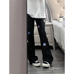 美式高街花朵刺绣水洗牛仔裤男款设计感小众直筒休闲长裤 NA437图片
