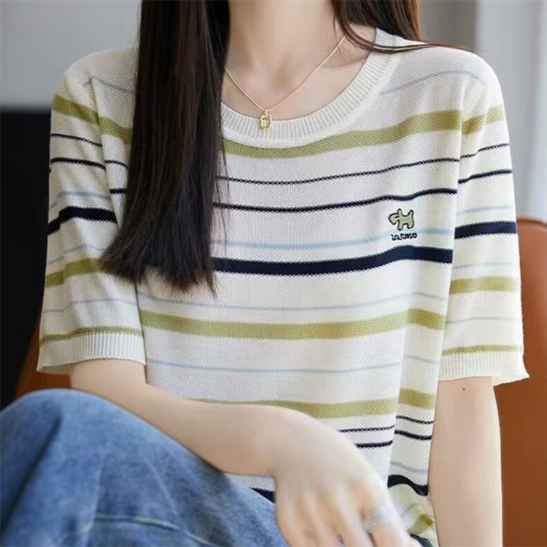 夏季新款女士简约时尚舒适条纹小狗短袖,女装T恤,萱芳婷羊绒