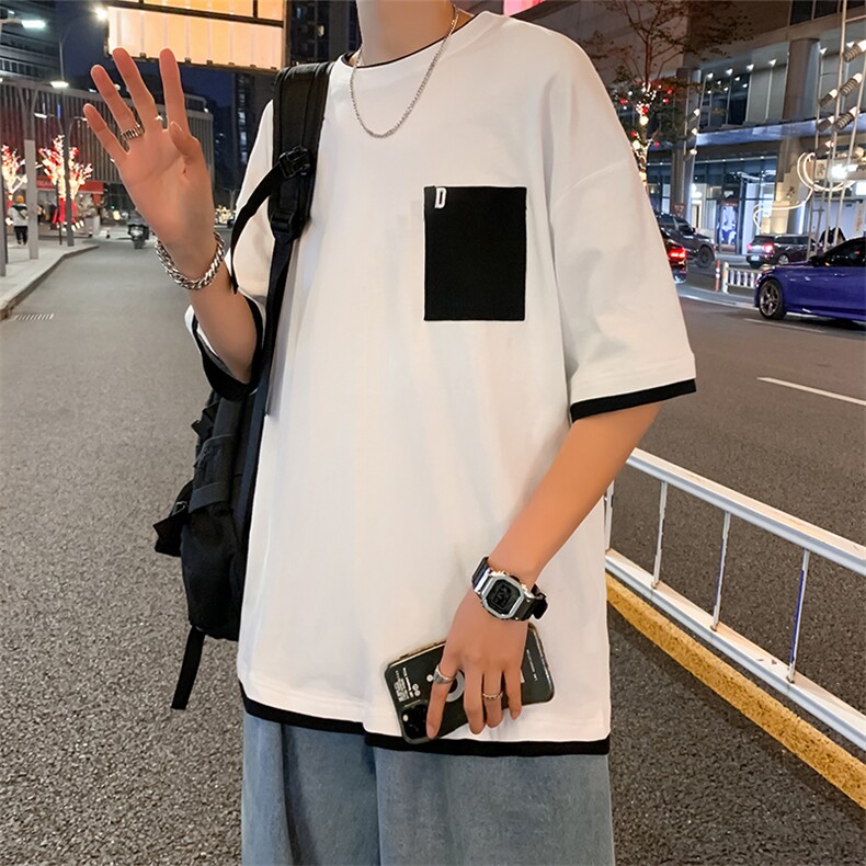 新款夏季宽松情侣胸前口袋日系t恤短袖男撞色假两件T121-P20,男装T恤,星座512-2
