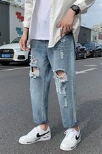 夏季浅色破洞牛仔裤男士宽松潮流百搭九分直筒休闲裤子B，男装牛仔裤，星座1008