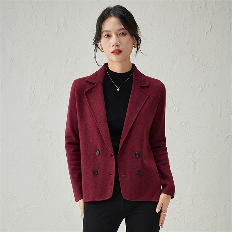 春秋新款翻领精纺羊毛针织开衫女宽松西服小外套短款双排扣西装潮,女装西装,凯思米羊绒