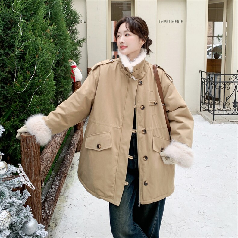 现货：冬季新款毛绒拼接休闲保暖中长款派克服2C135-8957P285K428,女装派克服,2C135