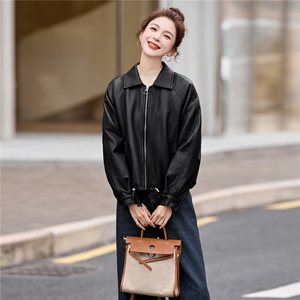 2025新款高级感小个子美拉德咖色翻领短款皮衣外套女秋冬加绒加厚图片