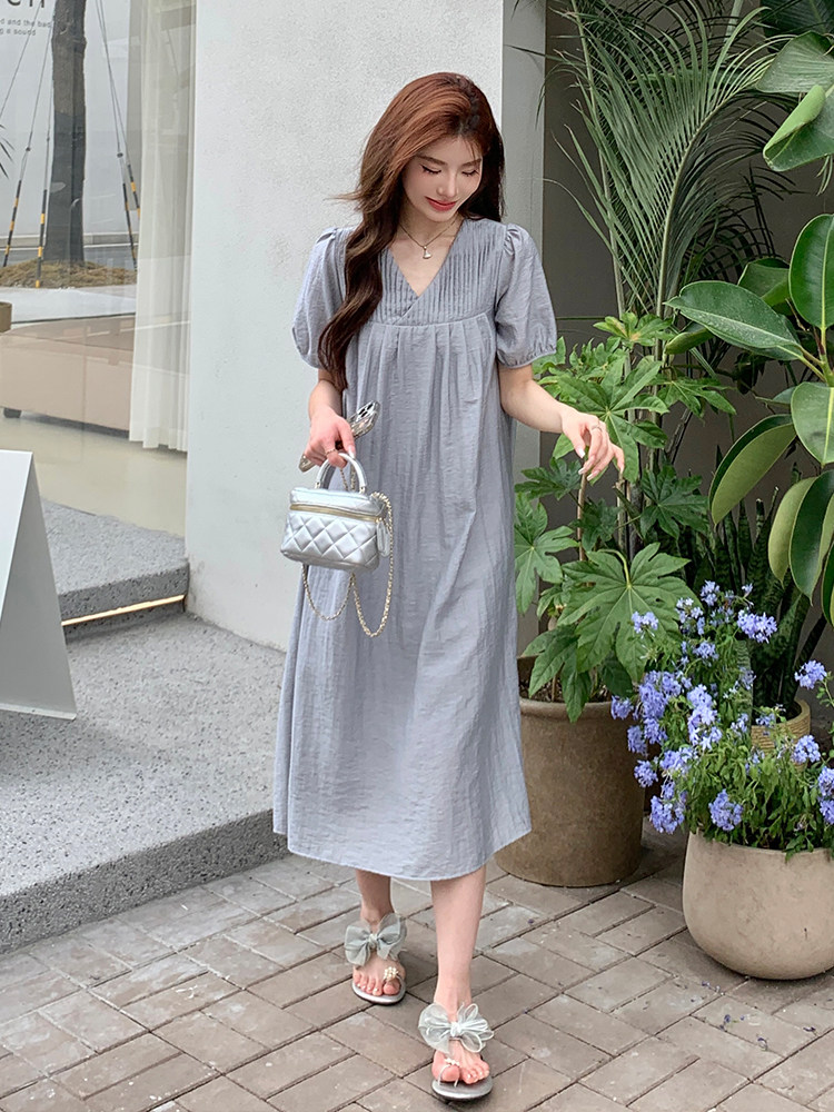 新款蓝灰色法式V领显瘦连衣裙【现货】5087-P125K178,女装连衣裙,浙宝192（原082）