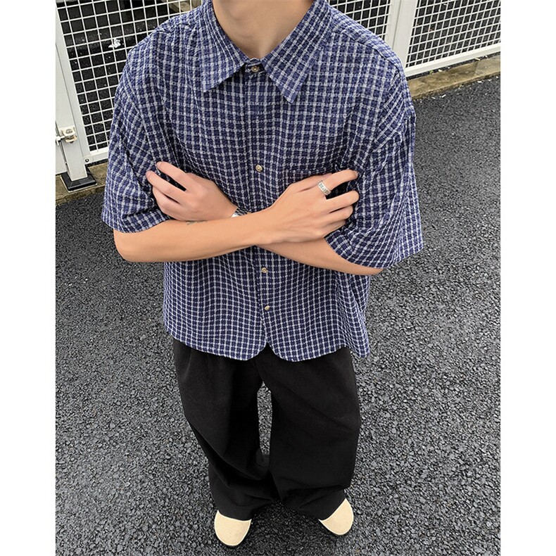 短袖男夏季薄款格子衬衫潮牌港风翻领休闲宽松上衣CS41-P40,男装T恤,星座308B-1