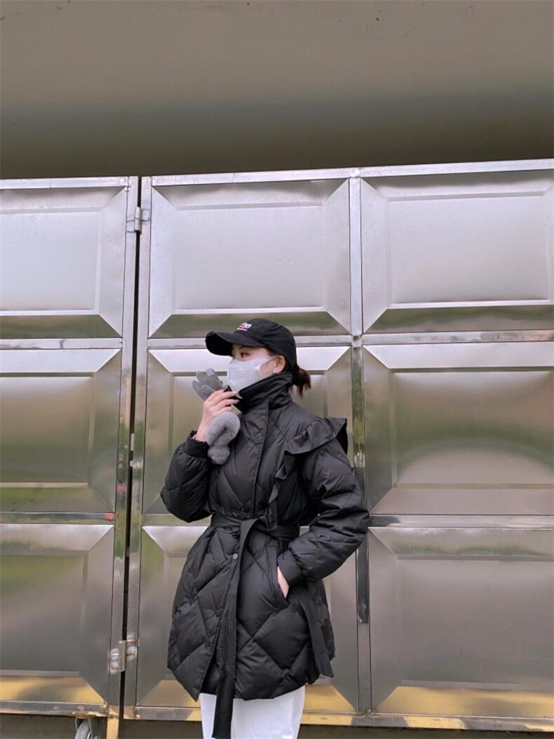 韩系荷叶边中长款羽绒，其它，驿谷