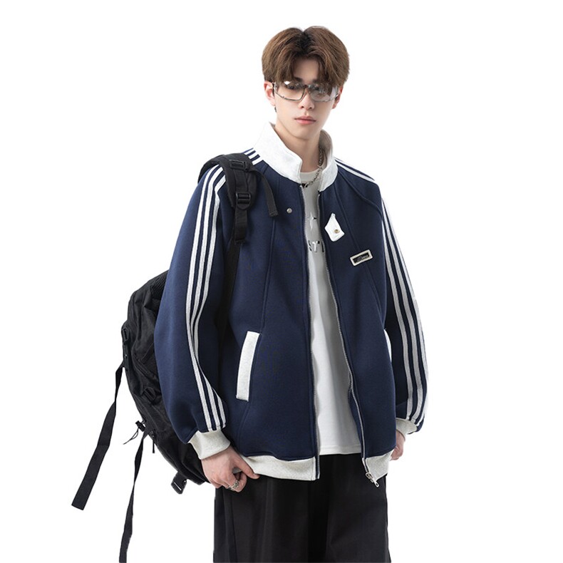 藏青色校服外套男款初中生美式运动夹克宽松休闲情侣青少年棒球服,男装卫衣,电商B371