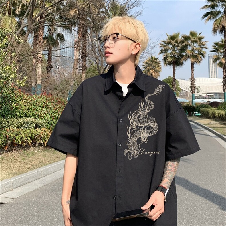 电商DSA028-DX2403100聚酯特P25新款港风潮流印花短袖衬衫男,男装T恤,电商A028
