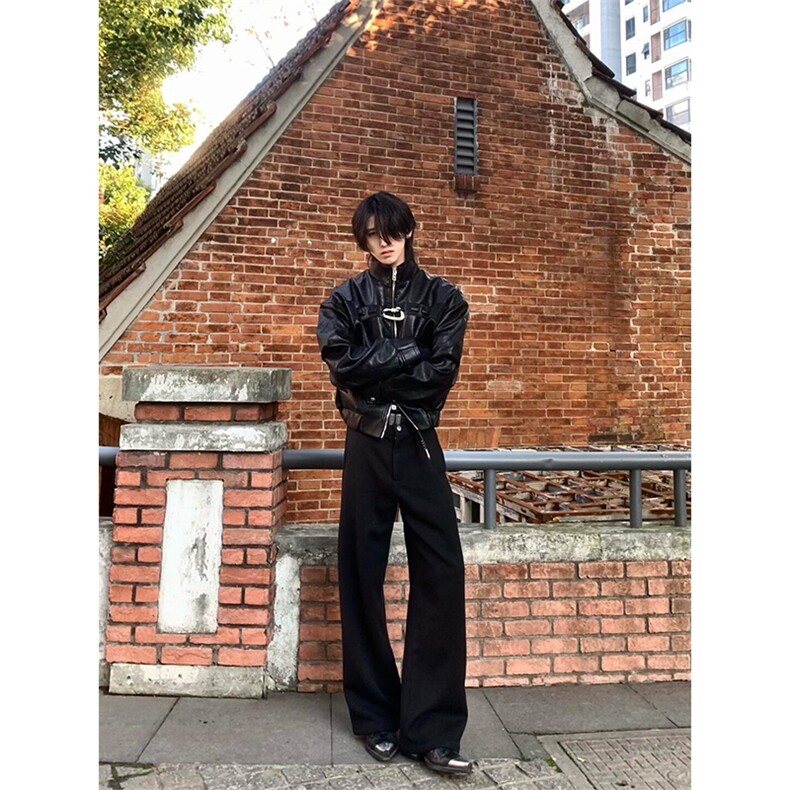 黑色双开拉链pu皮衣外套男款美式hiphop廓形解构短款立领机车夹克,男装夹克,星座310A-4