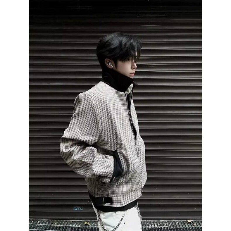 美式拼色千鸟格外套设计高级感双拉链翻领夹克 JK9328 特P68图片