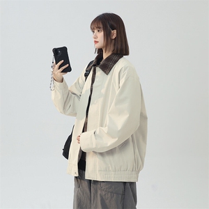 日系白底格子夹克春季假两件潮牌翻领大码外套 A436-1802-P75图片