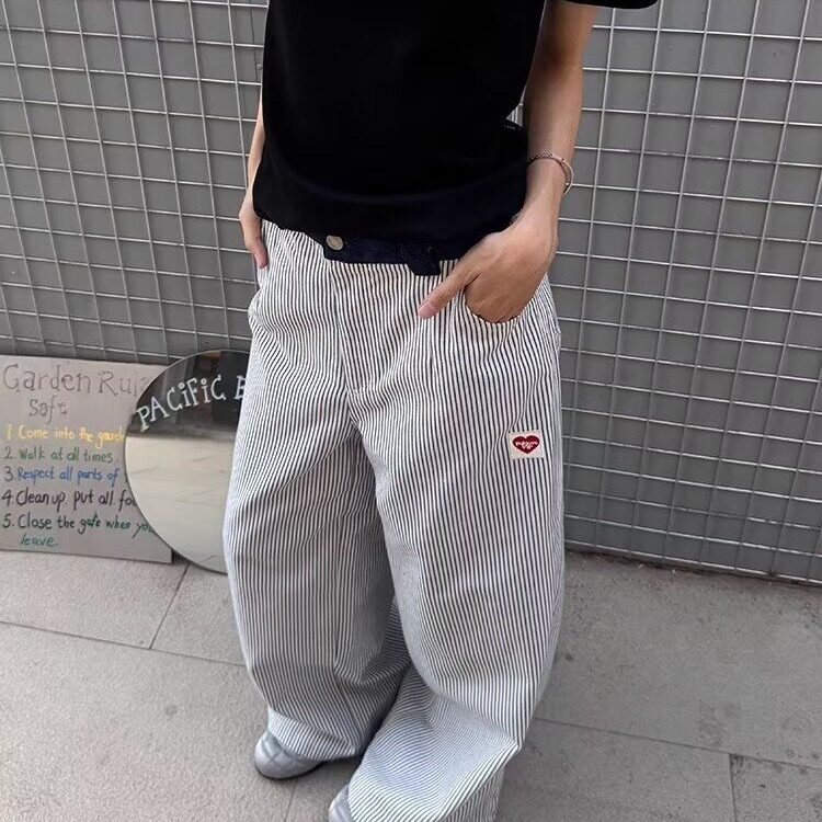 美式复古竖条纹爱心刺绣休闲裤夏季设计感拼接直筒裤垂感阔腿裤图片