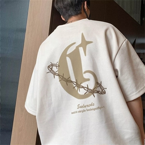 美式复古字母印花麂皮绒短袖T恤男潮牌宽松重磅百搭体恤HT16-P28图片
