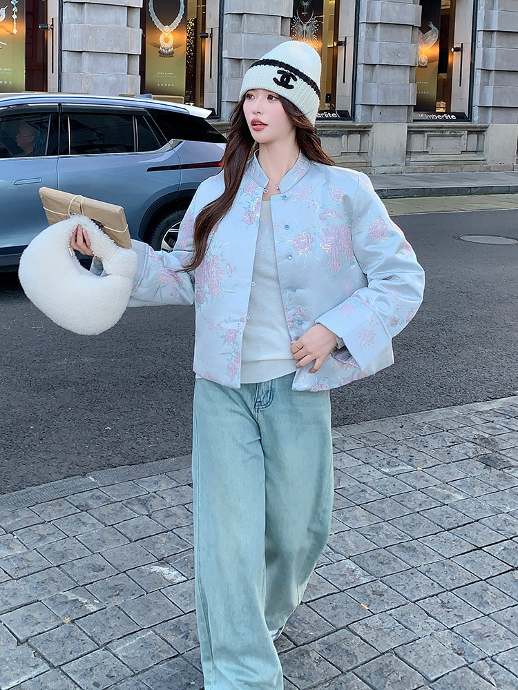 现货！（90新标带检）新中式提花料立体花羽绒服女气质保暖外套,女装羽绒服,浙宝189