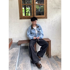 潮流时尚简约百搭日系气质慵懒原宿新款拼皮翻领褶皱水洗牛仔外套，男装工装外套，星座1210-1