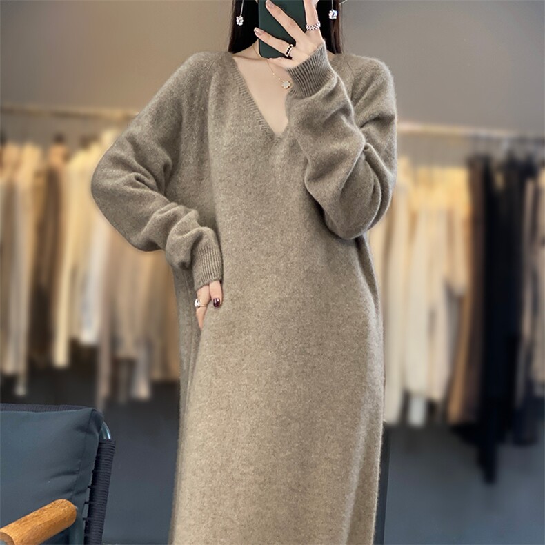 24秋冬新款V领羊毛衫女中长款气质显瘦针织毛衣连衣裙,女装连衣裙,蒙莲贝斯