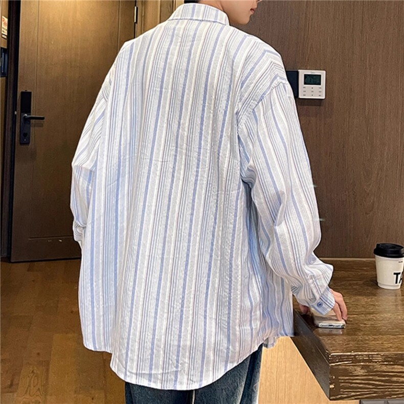 蓝色条纹情侣衬衫外套男女春秋季美式宽松休闲慵懒风痞帅衬衫,男装衬衫,星座1210-1