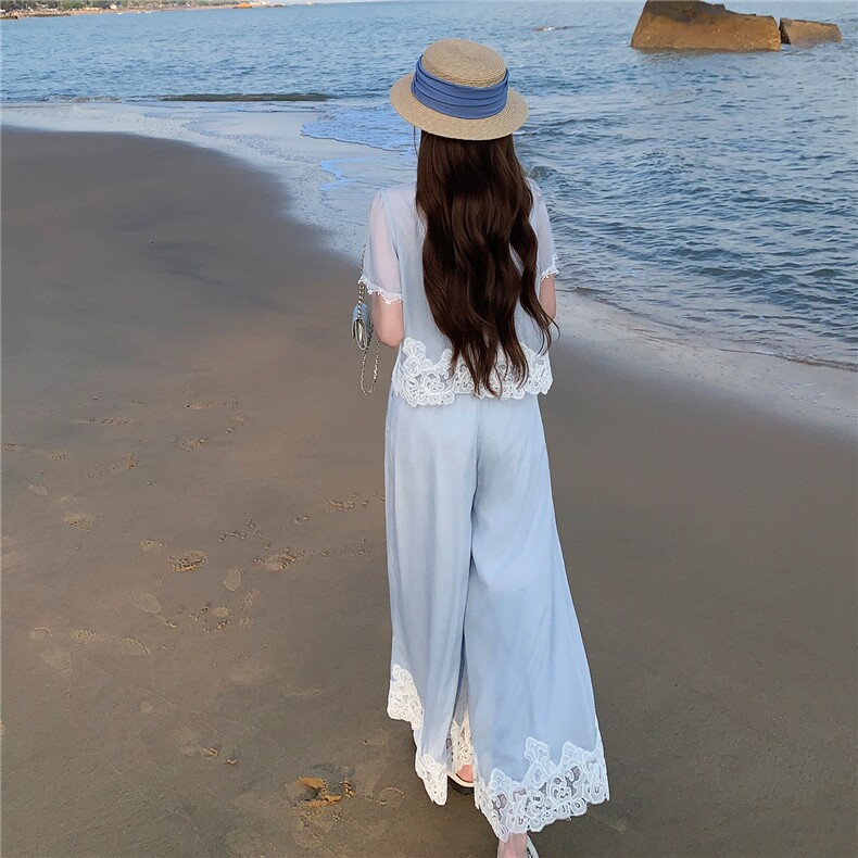 法式气质蕾丝拼接套装女2026夏季新款高级感时髦洋气阔腿裤两件套,女装套装/套裙,衣秀之家