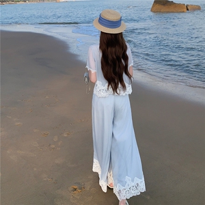法式气质蕾丝拼接套装女2026夏季新款高级感时髦洋气阔腿裤两件套图片