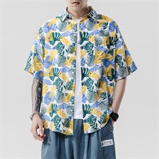 2021夏季新日系大码男无影墙沙滩情侣休闲短袖印花衬衫C3023-P35，男装衬衫，电商A001