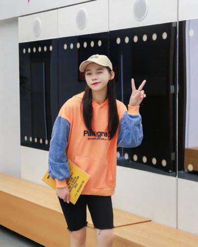 牛仔袖拼接戴帽卫衣，欧韩风走一波，五色齐码！,女装卫衣/绒衫,春信拙源