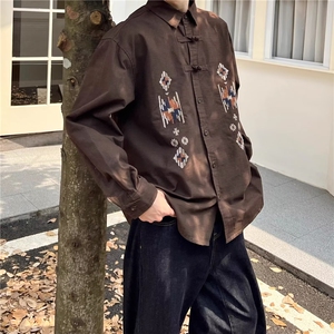 jiwuus秋复古新中式民族风盘扣长袖衬衫男女生中性风刺绣上衣潮