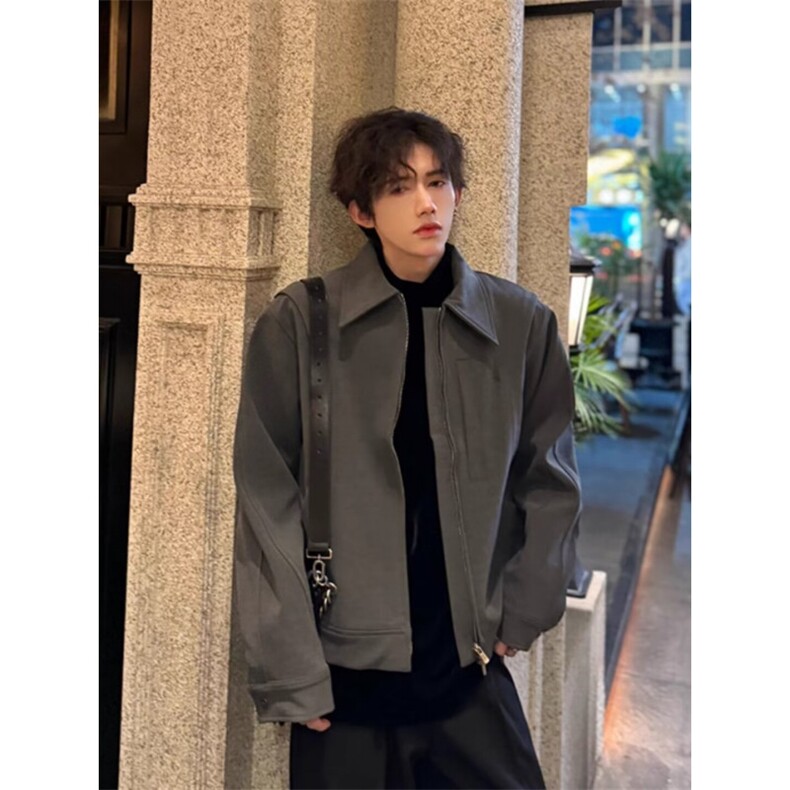 灰色新款短款开衫外套男春秋款高级感痞帅美式飞行员休闲夹克图片