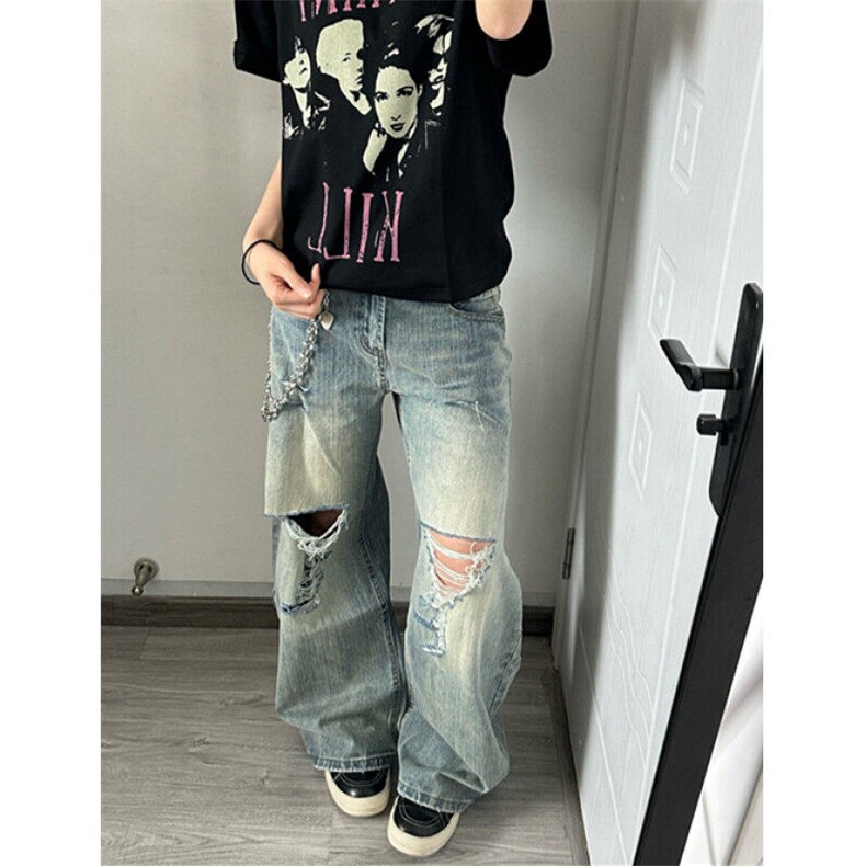 复古夏季新款破洞水洗做旧蓝牛仔裤男女直筒宽松阔腿长裤NB156,男装牛仔裤,星座1116A（原606A-3）