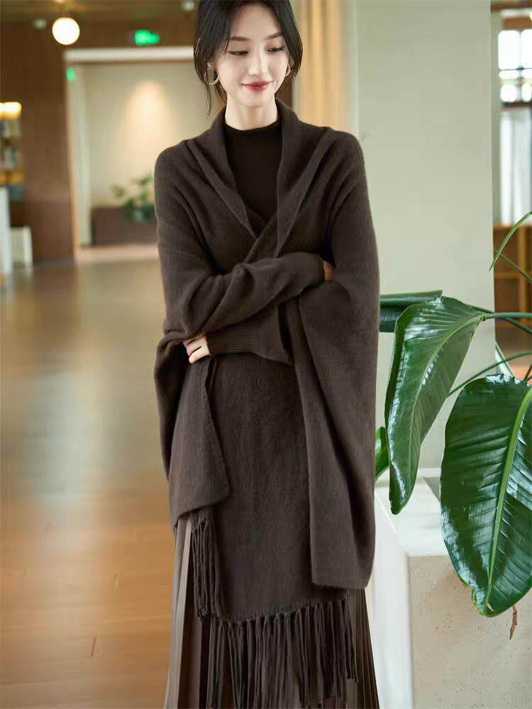 2025时尚百搭通勤简约休闲七针加厚流苏大披肩，披肩，胜酷羊绒