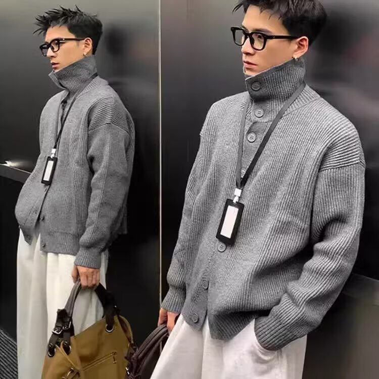 5226-P54 美式小众海军领纽扣开衫毛衣男高级感慵懒风翻领百搭图片