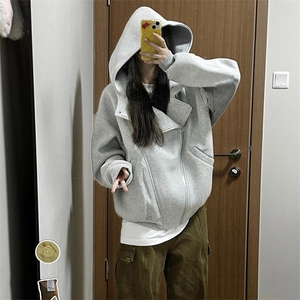 抖音得物品质 26春装美式重磅结构斜拉链高领连帽卫衣开衫外套W61图片