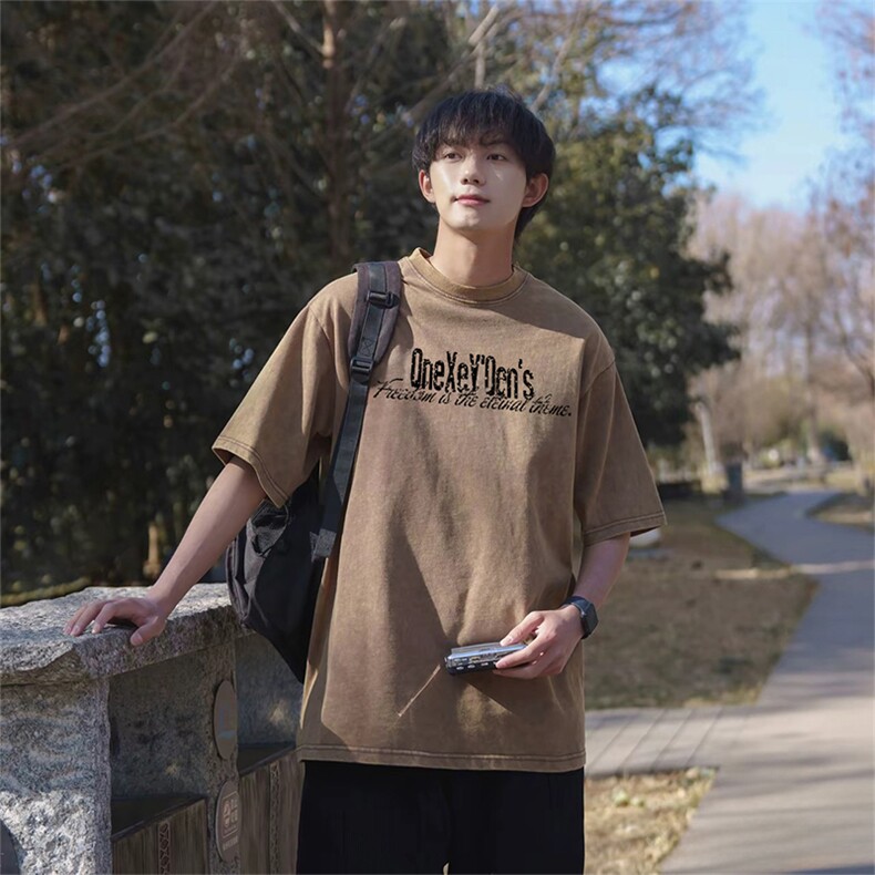 抖音得物供货 240克重磅现货宽松美式纯棉水洗做旧印花T恤ATSX08图片