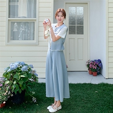 温柔系穿搭蓝色马甲套装女夏新款高级感显瘦休闲t恤半身裙三件套，女装套装/套裙，慧尚2-185
