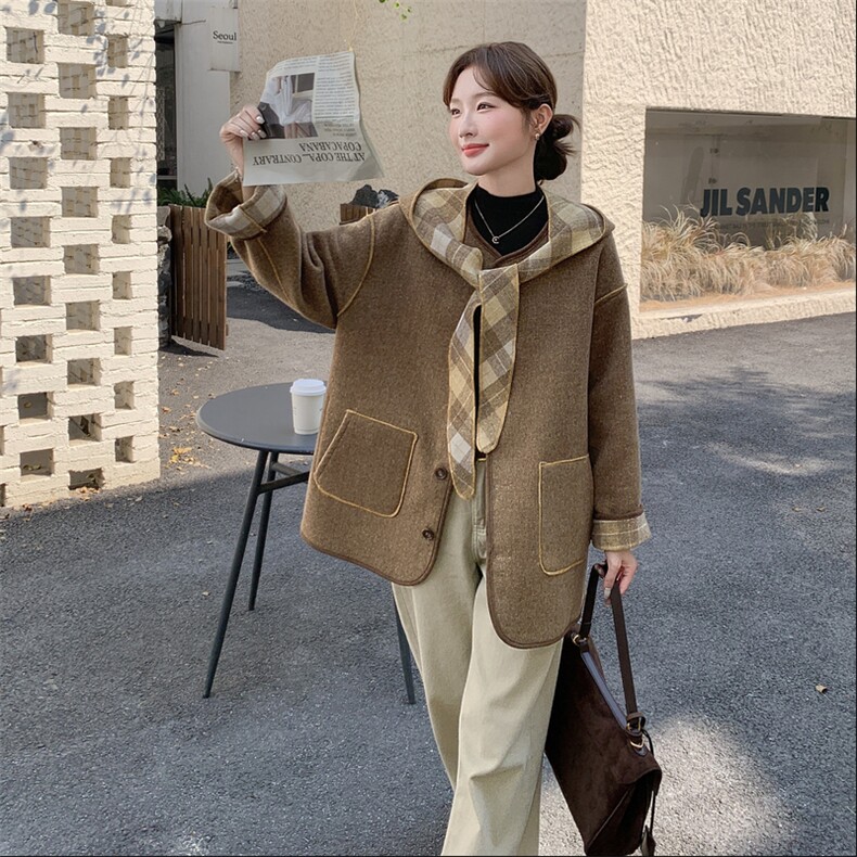 两面穿格纹连帽毛呢外套女2025秋冬新款小个子宽松减龄呢子大衣潮,女装短外套,2C095
