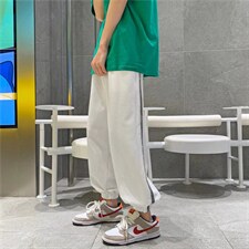 白色华夫格卫裤男港风潮流宽松休闲裤拼接束脚运动裤K2871-P33，男装休闲裤，星座512-2