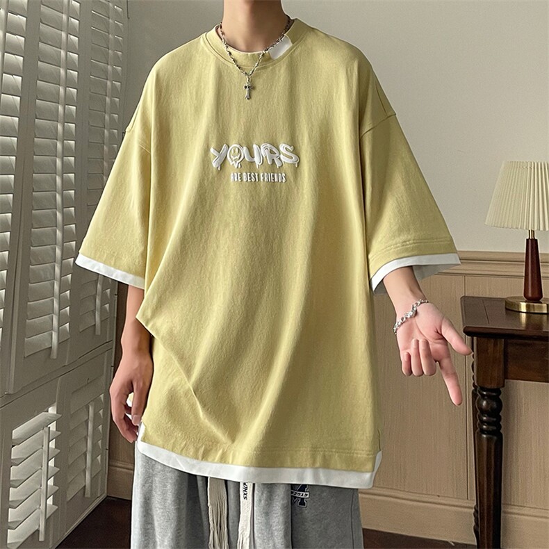 B225-T9358-P40-X55-全棉-撞色-印花重磅假两件印花短袖T恤日系，男装T恤，电商B225