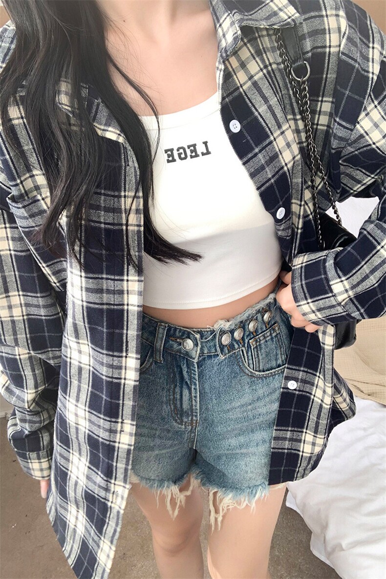 特批P30无差价2025春时尚格子翻领长袖衬衫男女中性休闲衬衣C5450,男装衬衫,电商A001