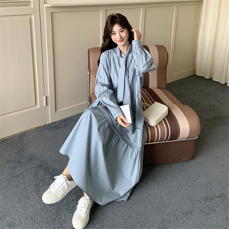 春现盐系浅蓝色条纹休闲风连衣裙B190-5010-P135-K198,女装连衣裙,2B190
